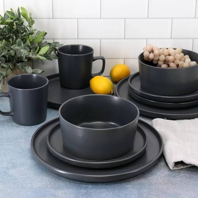 16 Piece Stoneware Dinnerware Set – Modern Matte Finish Plates and Bowls Microwave &amp Dishwasher Safe Service for 4 (Dark Gray)
