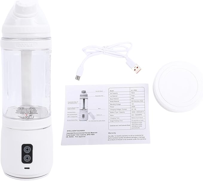 Portable Blender Rechargeable Personal Blender Bidirectional Cutter Rotating for Travel Gym Ice Crushing Smoothies Protein Shakes with 3Pcs 2000mAh Battery (White)