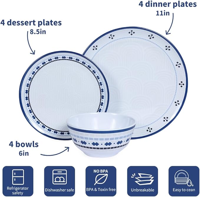 Melamine Dinnerware Set 12pcs Plates and Bowls Set Blue Dinner Dishes Set for Indoor and Outdoor BPA-Free Dishwasher Safe Blue