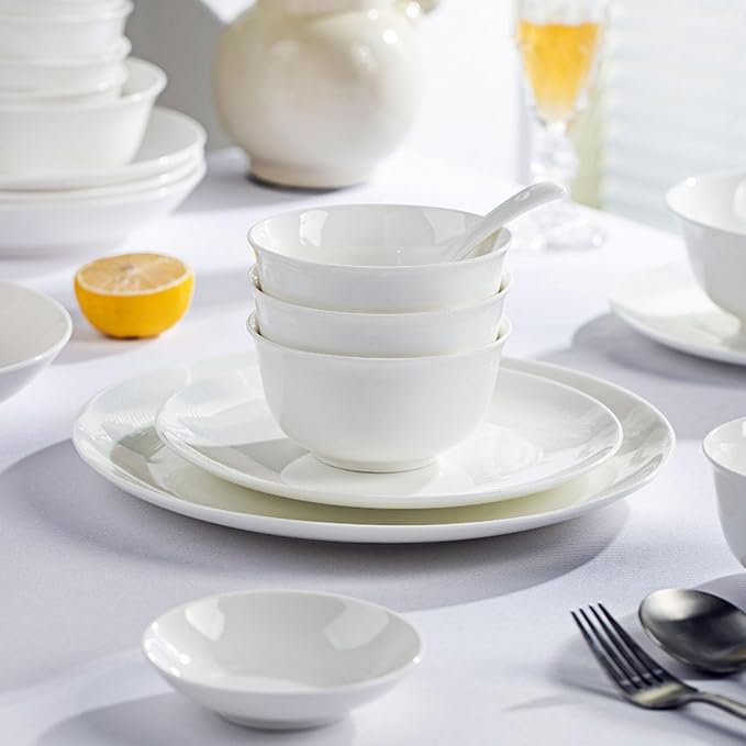 White Ceramic Dinnerware Set: Plates &amp Bowls for Kitchen Microwave &amp Dishwasher Safe Dishes Collection (10pcs)