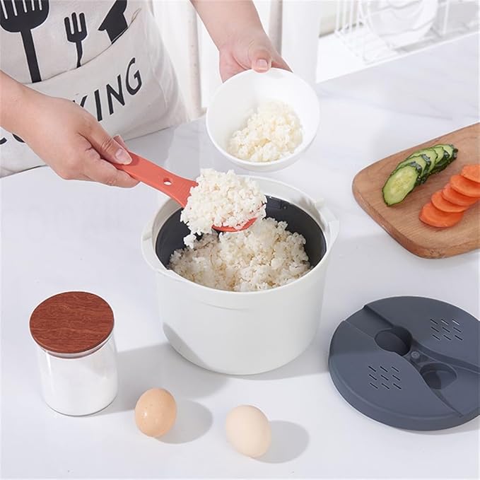 Microwave Rice Cooker Steamer Pot with Strainer 18x18x13cm PP Container for Rice Pasta Vegetables Dishwasher Safe Portable for Travel and Office Green