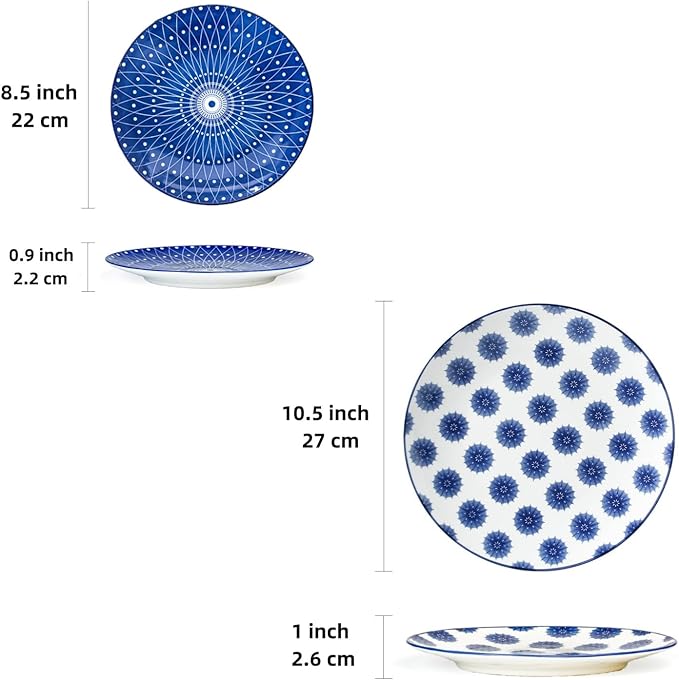 12 Pcs Ceramic Dinnerware - 8.5 Inch Salad Plates and 10.5 Inch Dinner Plates Sets - Service for 6 - Vintage Blue
