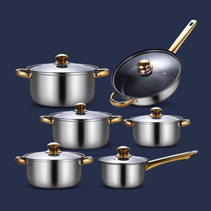 6Pcs Pots and Pans Set Stainless Steel Portable Soup Pot Saucepan Ergonomic Handle Kitchen Cooking Set Cookware Set for Home Pans with soup pot