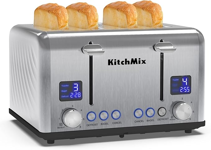 Toaster 4 Slice KitchMix Bagel Stainless Toaster with LCD Timer Extra Wide Slots Dual Screen Removal Crumb Tray (Stinless steel)