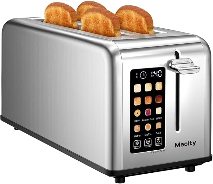 Mecity Touchscreen Toaster 2 Long Slots for 4 Slices Digital Bread &amp Browning Control Stainless Steel Slim Toaster with Bagel Gluten-Free Defrost &amp Reheat 120V 1400W