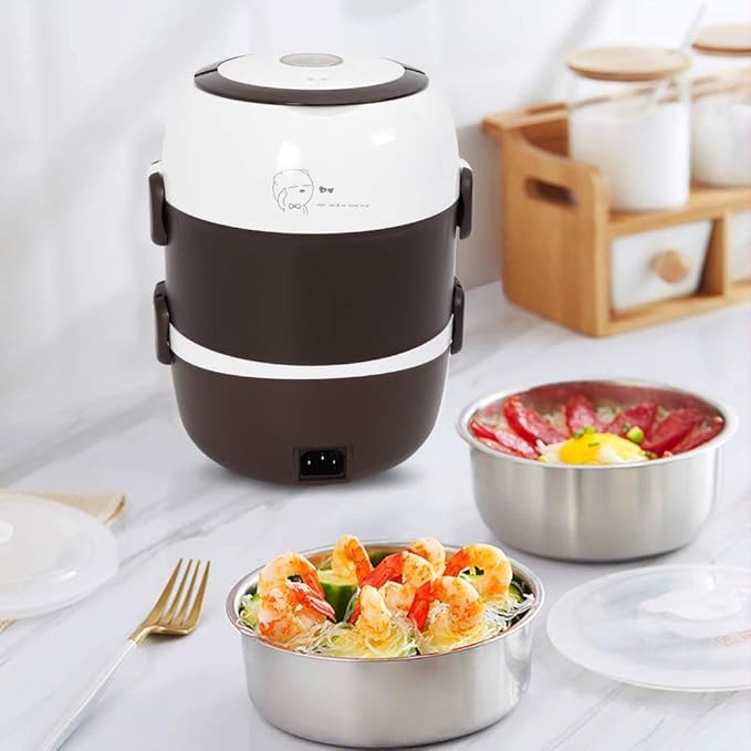 Electric Lunch Box Rice Cooker- 3 Layers 2L Portable Rice Food Heater Warmer w/Steaming Rack Stainless Steel Food Steamer for Office Home To-go Food 110V
