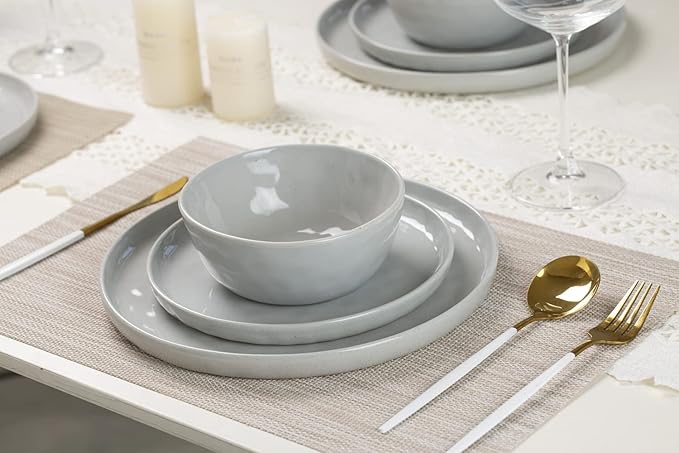 Famiware Mars Plates and Bowls Set for 4 16 Pieces Dinnerware Sets 8.5 Pasta Bowls for Serving Light Gray