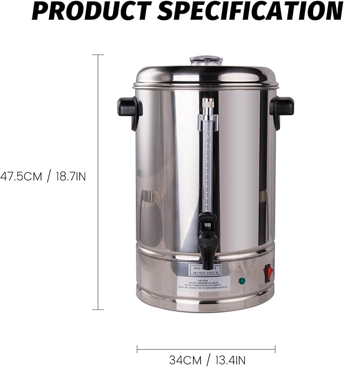 Commercial Coffee Urn 65-Cup (10.5 Qt) 1250W Stainless Steel Percolator with Removable Filter &amp Keep-Warm Setting Ideal for Office Catering &amp Large Events