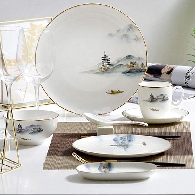 Pottery Tableware8 Pieces Landscape Painting Porcelain Dinnerware Set Ceramic Plate Combination Sets Dinner Plate Dessert Plate Bowl and Mug