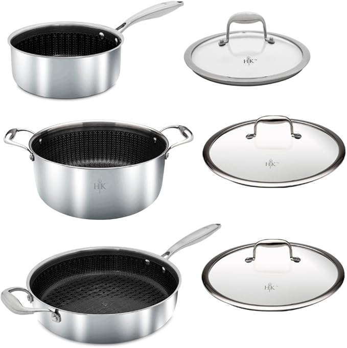 Hell’s Kitchen Hybrid Cookware 6 Piece Pot Set 11 In Fry Pan 4 Qt Sauté Pan 7.5 Qt Pot 2 Tempered Glass Lids Nonstick Scratch-Resistant Dishwasher Safe Multi-Cooktop Oven-Safe