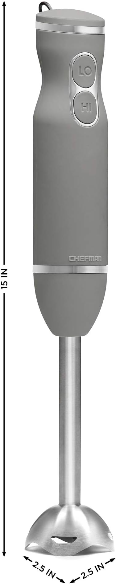 Chefman Immersion Stick Hand Blender with Stainless Steel Blades Powerful Electric Ice Crushing 2-Speed Control Handheld Food Mixer Purees Smoothies Shakes Sauces &amp Soups Grey