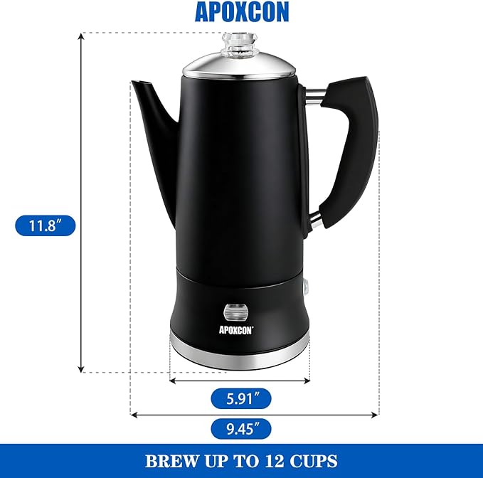 Electric Coffee Percolator Stainless Steel Coffee Maker with Clear Brew Progress Tough Glass Knob Keep Warm On/OFF Switch Cordless Serve Classic Coffee Pot No Aluminum Black 12 Cup