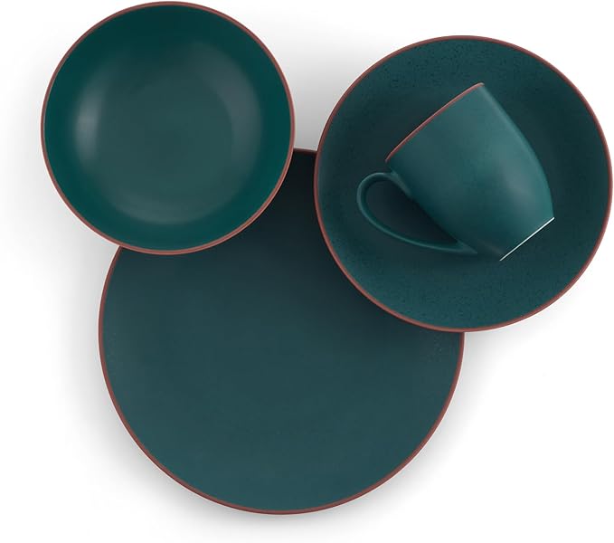 nambe Taos 4-Piece Stoneware Place Setting | Coffee Mug Bowl Dinner and Salad Plate Set | Ceramic Dinnerware Set | Microwave and Dishwasher Safe | Service for 1 | Jade Green