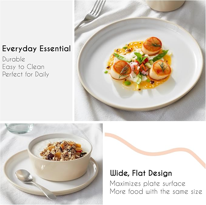 Stoneware Dinnerware Set for 4(12Pcs) – Microwave &amp Dishwasher Safe Plates and Bowls with Reactive Glaze – Rustic Farmhouse Modern Design for Everyday Dining Wedding &amp Outdoor - Light Beige