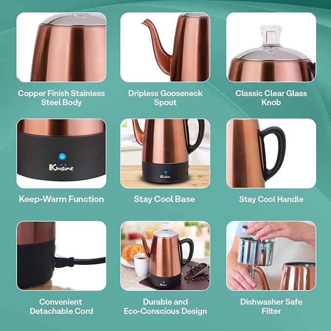 Euro Cuisine PER08 Stainless Steel Electric Coffee Percolator 8 Cup Polished Copper Finish Dripless Gooseneck Spout Clear Glass Knob Brewing Indication Keep-Warm Function Detachable Cord