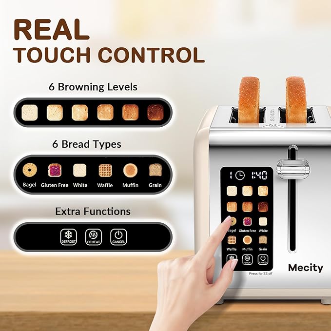 Mecity 2 Slice Touch Screen Toaster 1.5 Wide Slot Stainless Steel Smart Toaster for Bagels Muffins Waffles Gluten-Free Breads Defrost Reheat Timer 120V 825W Cream Color