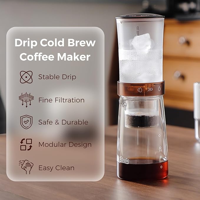 Adjustable Flow Cold Brew Coffee Maker 450ml Glass Ice Drip Tower with Control Valve &amp 500-Mesh Stainless Steel Filter for Smooth Low-Acid Cold Brew Iced Coffee at Home (Translucent Amber)