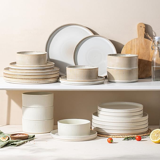 Ceramic Dinnerware Sets for 4-12 Piese Plates and Bowls Set Microwave and Dishwasher Safe Stoneware Ribbed Dishes and 22oz bowls Speckled White
