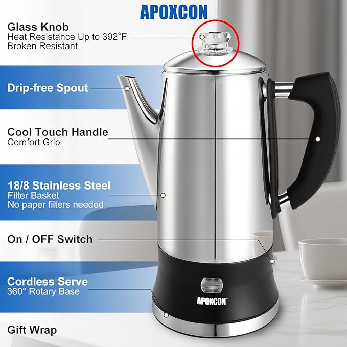 Electric Coffee Percolator Stainless Steel Coffee Maker with Clear Brew Progress Tough Glass Knob and On/OFF Switch Classic Coffee Pot with Keep Warm &amp Cordless Serve No Aluminum (12 Cup)