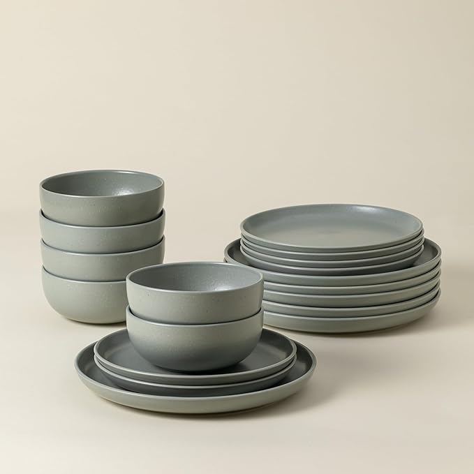 Casafina Ceramic Stoneware 18-Piece Place Setting Service for 6 with Cereal Bowls - Pacifica Collection Artichoke Green | Microwave &amp Dishwasher Safe Dinnerware Set | Restaurant Quality Tableware