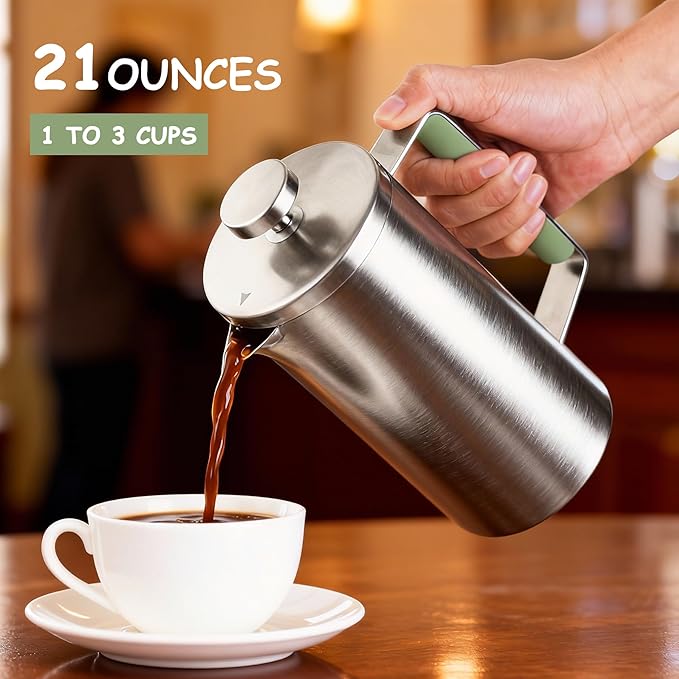 Stainless Steel French Press Coffee Maker 21OZ(0.6 Litre) Camping Coffee Press with Green Handle for Personal Office Travel(Sanding Silver 1-3 Cups)