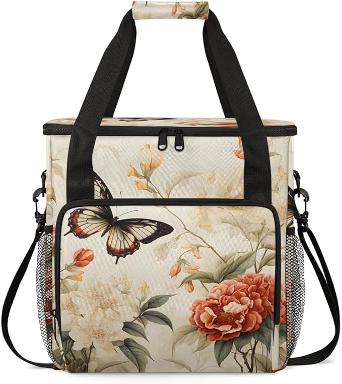 Retro Butterfly Coffee Maker Carrying Bag Artistic Butterfly Travel Storage Bag Compatible with K-Mini or K-Mini Plus Single Serve Coffee Brewer Carrying Case with Multiple Pockets &amp Shoulder St