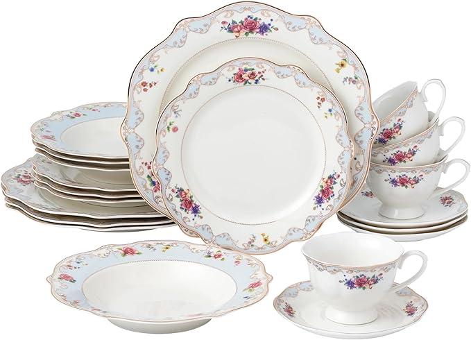 6417 24K Gold-Plated Dinnerware Set Dinner Service for Four 20-Piece Set: 4 Dinner Plates 4 Soup Plates 4 Dessert Plates 4 Tea Cups with 4 Saucers