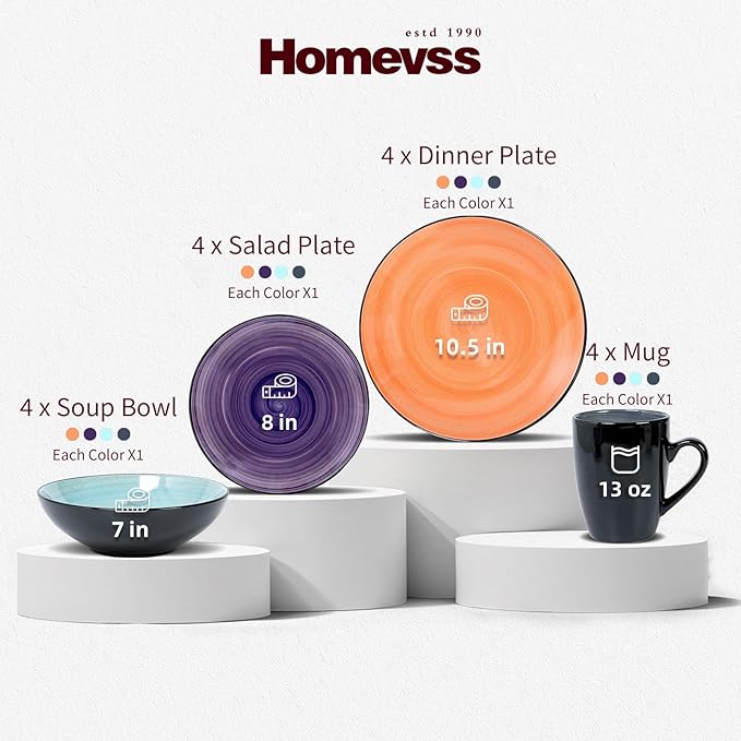 Sonoma 16 Piece Stoneware Dinner Set Samoa Outside Black + Inside Hand painted Combi Colors of Grey Orange Purple and Turquoise) with speckle