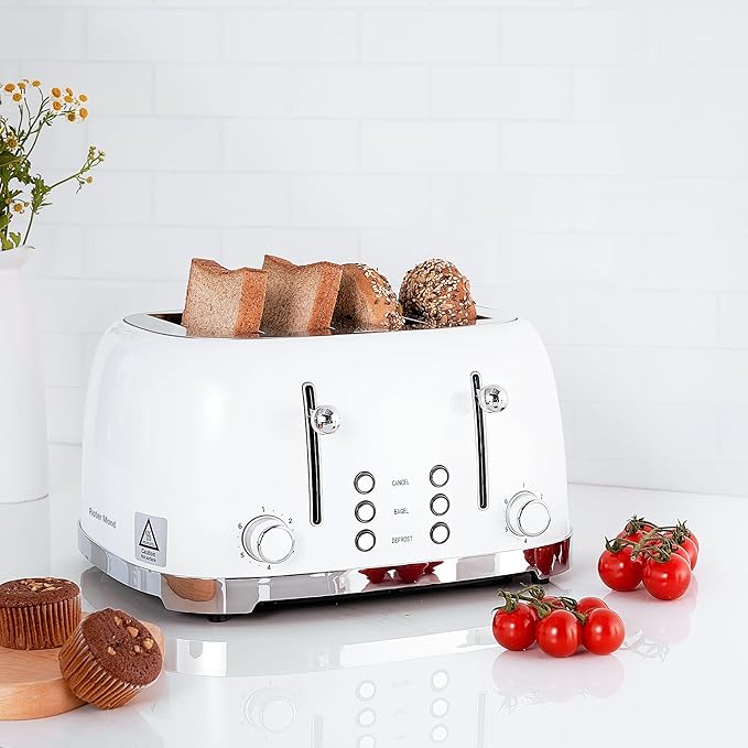 Roter Mond 4 Slice Toaster Retro Stainless Steel with Bagel Defrost Cancel Function 6 Browning Settings Extre Wide Slot and Removable Crumb Tray White ST033