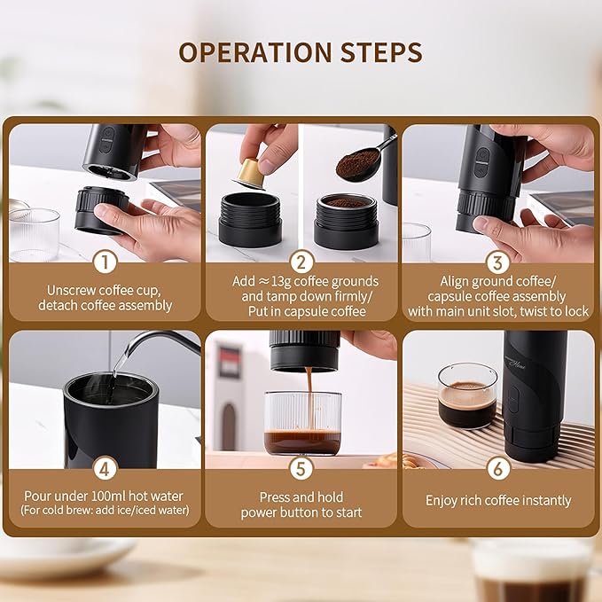 Magnavox HOME Portable Espresso Coffee Maker (Grounds or Pods) with Fast Brew Technology &amp Single Touch Control Ideal for Offices or Travel