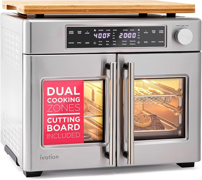 Ivation Dual Zone Air Fryer French Door Oven - 32 Quatity Convection Toaster Combo 10-in-1 Multifunction Up to 450° - 1800W - Temperature Control Timer - Stainless Steel - Dehydrate Bake Roast