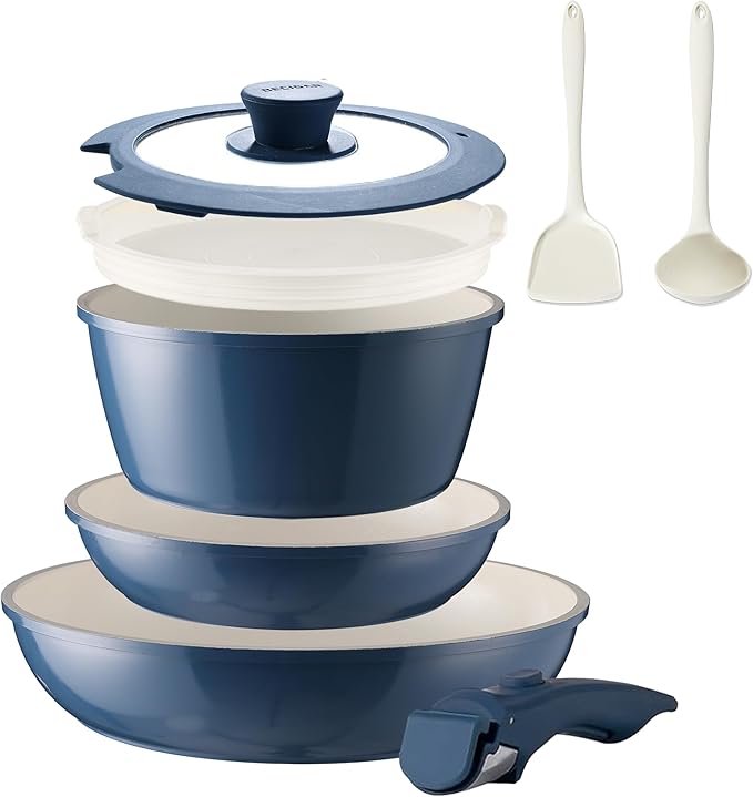 8PCS Ceramic CookwareNonstick Pan Removable Handle Ceramic Pots and Pans Set Stackable Set Nonstick Pan Pots and Pans Set Non Stick pot(Blue)