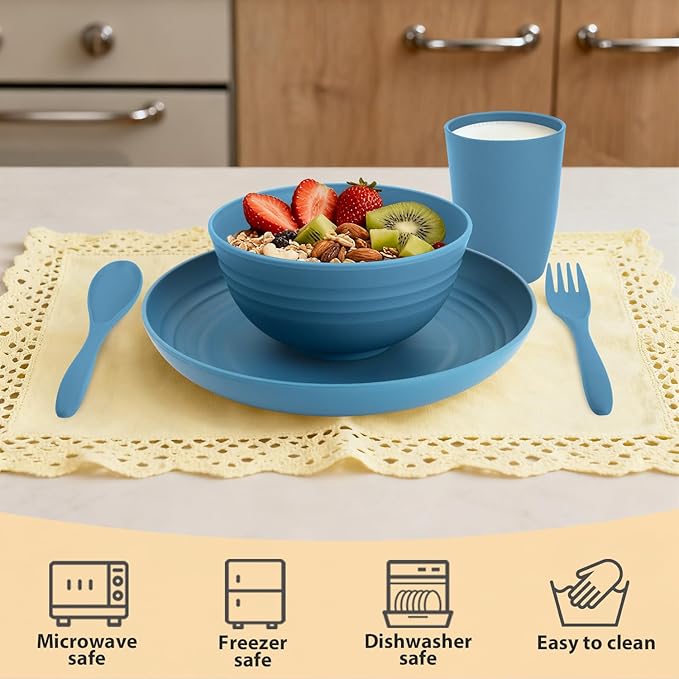 Wheat Straw Dinnerware Sets for 4 Reusable Plastic Dinner Plates Unbreakable Kids Plates and Bowls Sets 20 PCS Dishwasher &amp Microwave Safe Kitchen Camping Dorm Dish Sets- Blue