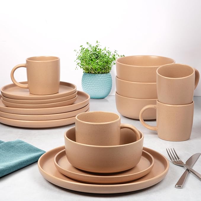 Zulay Kitchen Terra Stoneware Dinnerware Set Artisanal Ceramic Plates and Bowls Set Crafted at 2300℉ - Service for 4 Terracotta Clay