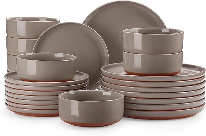 MALACASA Plates and Bowls Sets 24 Pieces Modern Ceramic Dinnerware Set for 8 Kitchen Dinner Set Stoneware Dishware Dishes Set Microwave and Dishwasher Safe Brown Series TARA