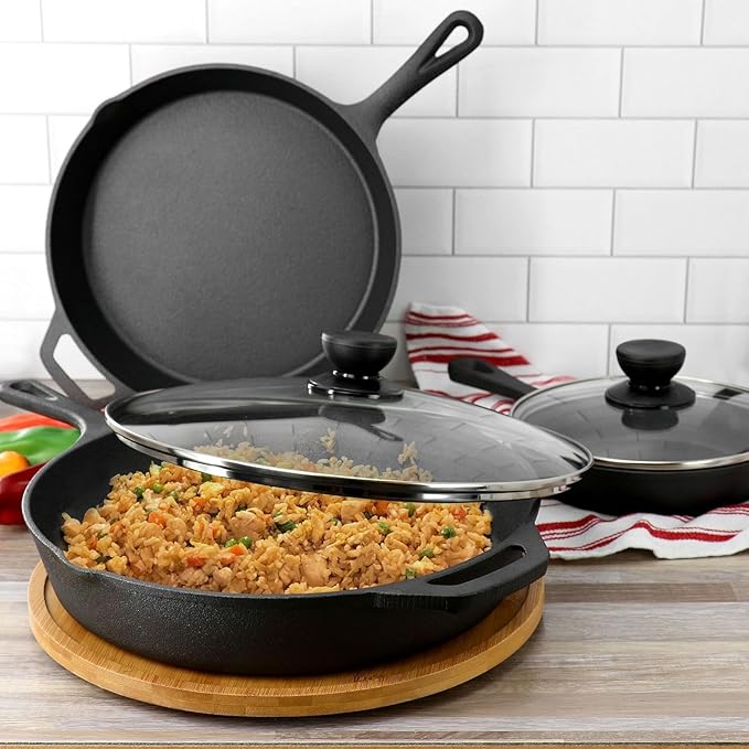 13-Piece Cast Iron Skillet Set with Glass Lids – Pre-Seasoned Cookware with Silicone Handle Holders &amp Scrapers for Stove Oven Grill &amp Campfire