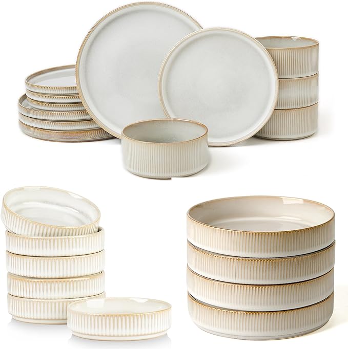 Famiware Dinnerware Set - 26 Piece (12 Dinnerware 4 Pasta Bowls 6 Dipping Bowls) - Star Stoneware Dishes - Cappuccino White