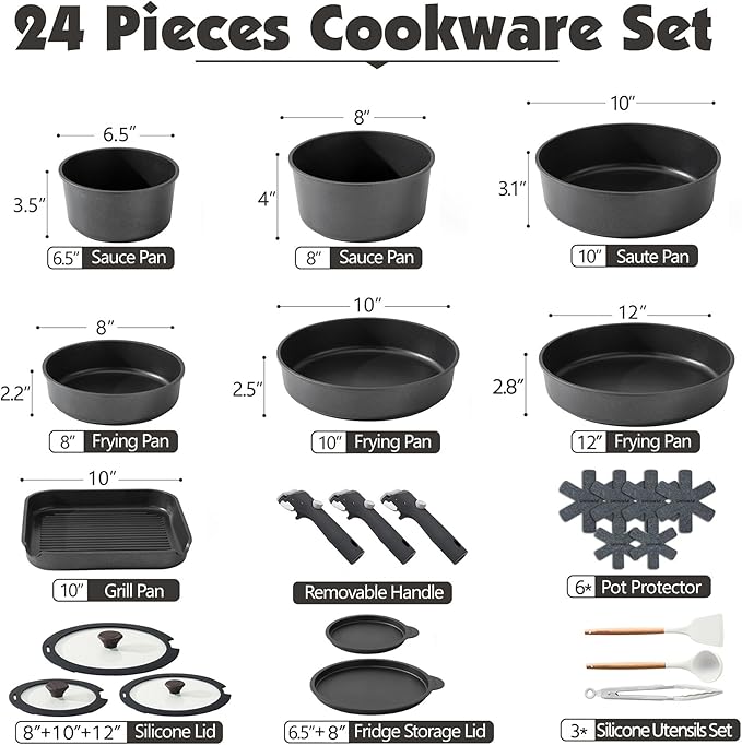 SENSARTE 24 Piece Pots and Pans Set Nonstick Detachable Handle Cookware Induction Kitchen Cookware Set with Removable Handle Healthy Non Stick for RV Dishwasher＆Oven Safe (Black)