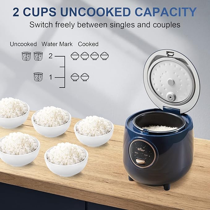 Bear Mini Rice Cooker 2 Cups Uncooked 1.2L Portable Non-Stick Small Travel Rice Cooker BPA Free One Button to Cook and Keep Warm Function Blue