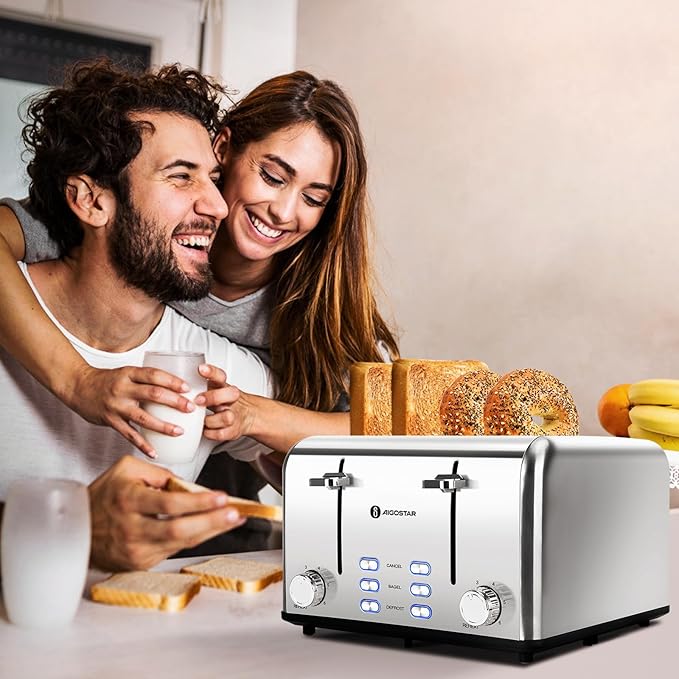 Aigostar Toaster 4 Slice 1.6 Wide Slot Stainless Steel Toasters with Bagel Reheat Cancel Defrost Function 6 Shade Settings Removable Crumb Tray 1550W Best Rated Prime 4 Slice Toasters