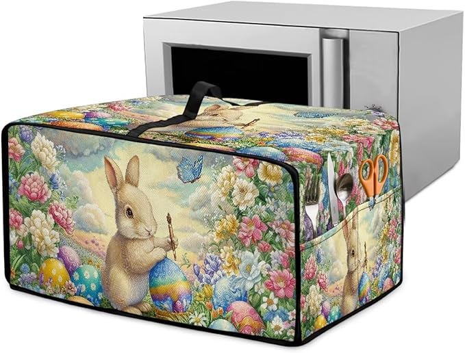 Bunny Flower Printed Toaster Cover Easter Egg Printed Heavy Duty Toaster Oven Dust Cover with Accessory Pockets Washable Kitchen Small Appliance Protector Easter Decor M