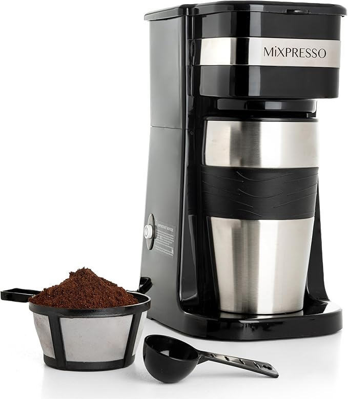 Mixpresso Black Personal Single Serve Coffee Maker with 14oz Travel Mug Drip Small Coffee Maker with Auto Shut Off Reusable Filter Works with Ground Coffee Only – Not for K-Cup Pods