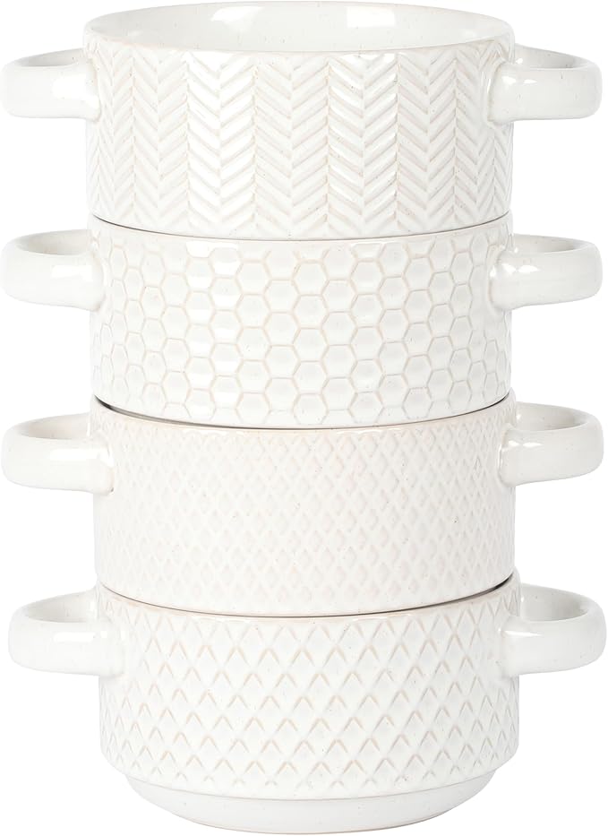 Gibson Elite Oyster Tide Embossed 6 Inch Soup Bowls with Handles. French Onion Soup Crocks Stackable Soup Bowl Chili Beef Stew Reactive Glaze Stackable Ceramic Bowl Set of 4 White