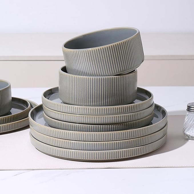 MONITO Ceramic Dinnerware Sets for 6 18PCS Stoneware Plates and Bowls Sets Reactive Glaze Dish Set Chip and Scratch Resistant Double Microwave and Dishwasher Safe Sage Mist