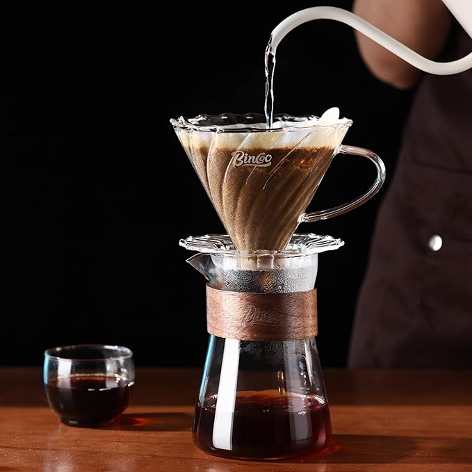Bincoo Glass Pour Over Coffee Maker Set All-Glass Borosilicate V-shape 60° Cone Dripper &amp 500ml Coffee Carafe Server V-shape 60° Cone Drip Brewer with 50 V02 Filters