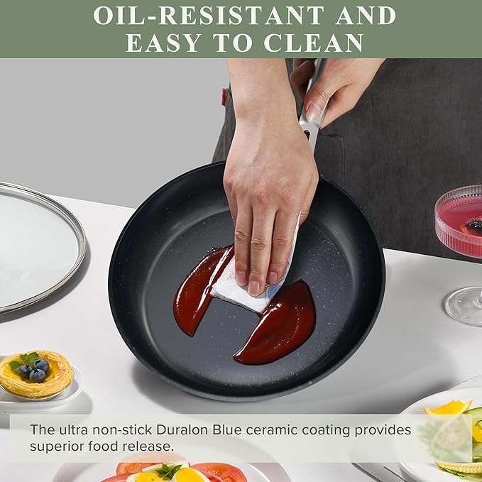 Nuwave Healthy Duralon Blue Ceramic Nonstick Cookware Set Diamond Infused Scratch-Resistant PFAS Free Dishwasher &amp Oven Safe Induction Ready &amp Evenly Heats Tempered Glass Lids &amp Stay-
