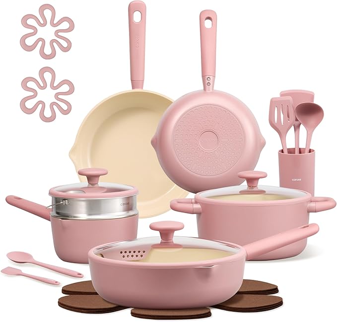 CAROTE 21pcs Cookware Set Nonstick Pots and Pans Set Ceramic Cookware Set Induction Cookware Non toxic Healthy Non Stick Kitchen Cooking Set PFAS PTFE Free