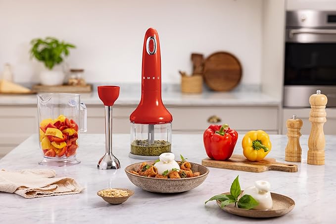 SMEG Handheld Immersion Blender with Beaker Chopping Bowl w/Lid Wire Whisk 5 Speed Controls made with Stainless Steel Blades and Ergonomic Design (Red)