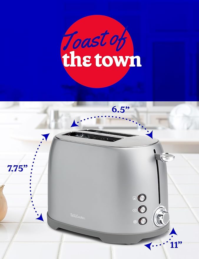Betty Crocker 2-Slice Multi-Function Toaster Toaster 2 Slice with Extra Wide Slots for Thick Bread Bagel &amp Waffle Toast Shade Control Dial Slide Out Crumb Tray Silver