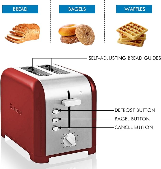Kenmore 2 Slice Toaster Stainless Steel with Bagel Cancel Defrost Function and Extra Wide Slots Toasters Removable Crumb Tray Red